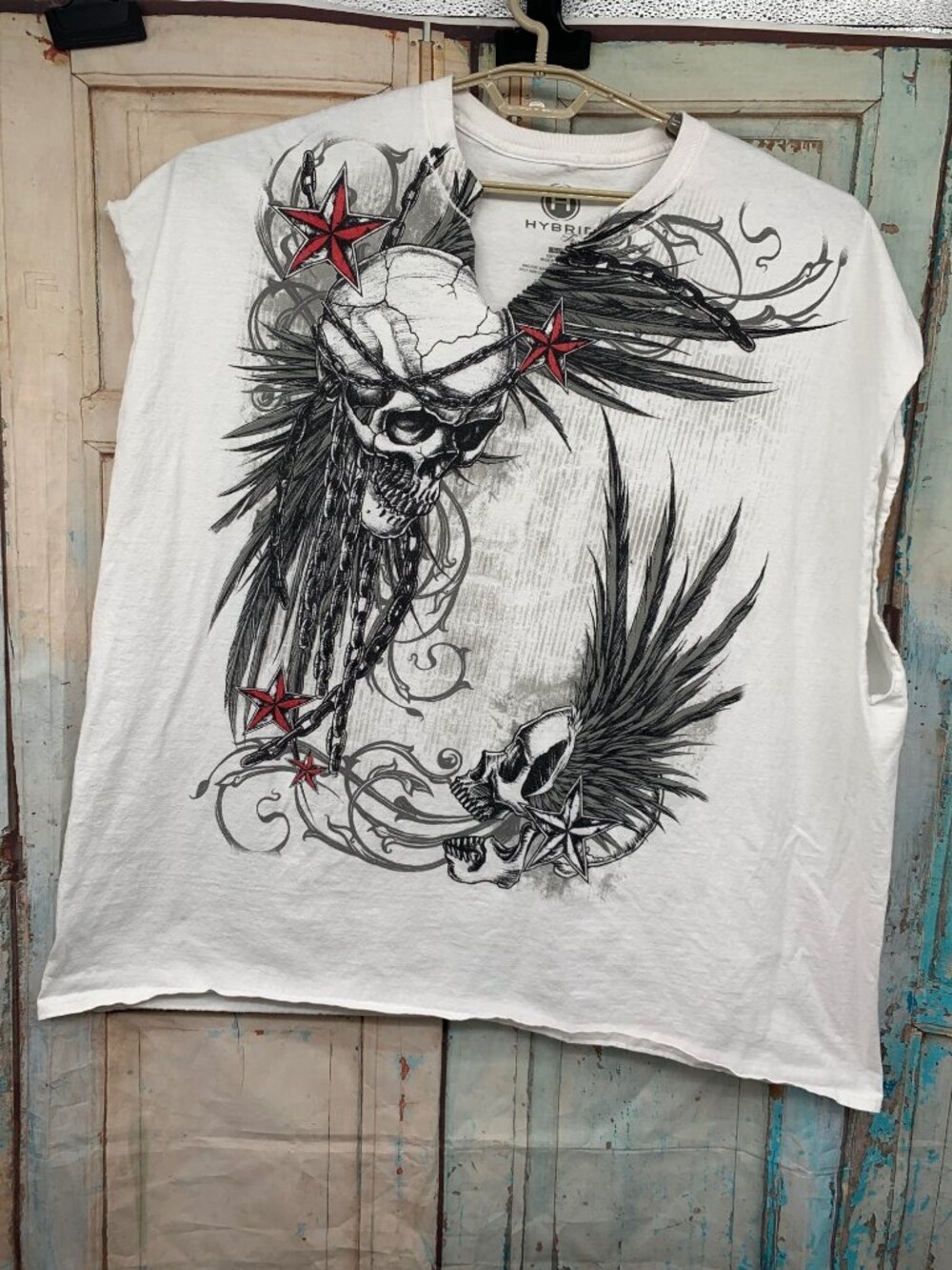 Hybrid Threads Mens Graphic Skull & Chains Print White Sleeveless Shirt 5XL